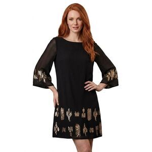 Dana Buchman Dress Black Gold Sequin Shift Bell Sleeves Lined Glam Cocktail